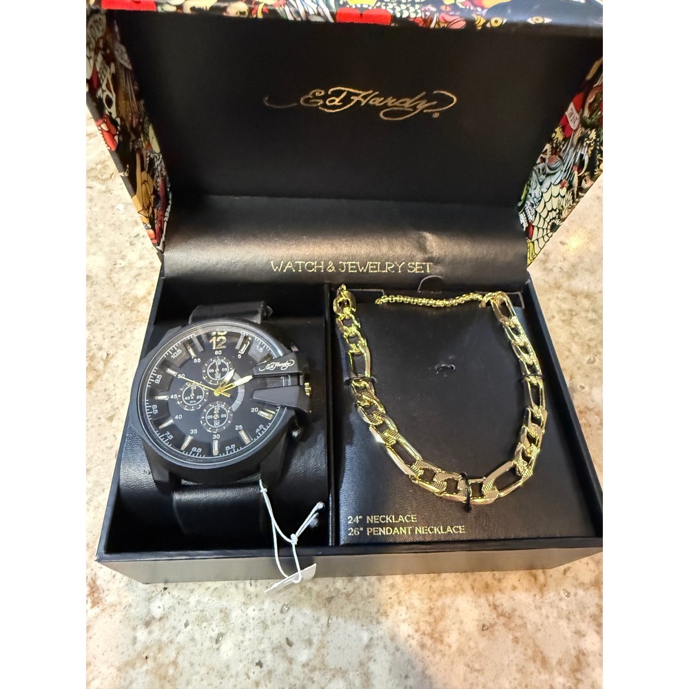 Ed Hardy Watch and Jewelry Set Mens Black Chronograph Watch Gold Tone Chains NEW